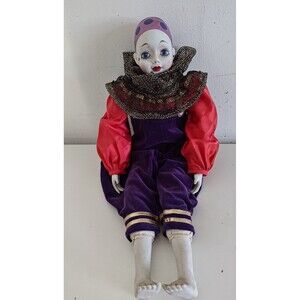 VTG Le P'tit Pierrot Porcelain Doll Red Clown Jumpsuit 21” Musical Windup